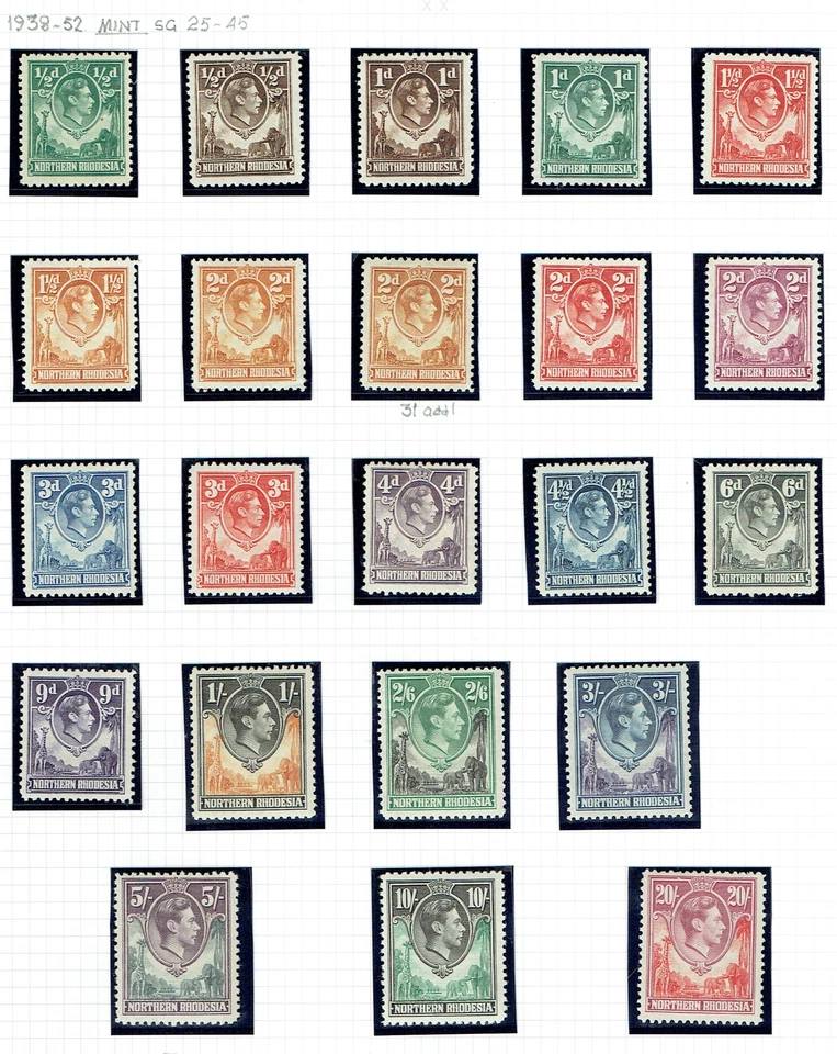 RHODESIA DEL NORTE 1938-52 GVI Juego completo de 21 - 42778 Foto 1 de 1