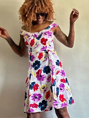 AUTONOMY MULTICOLOURED FLORAL PRINT SLEEVELESS KNEE LENGTH COTTON DRESS SIZE:10 - Image 1 of 4