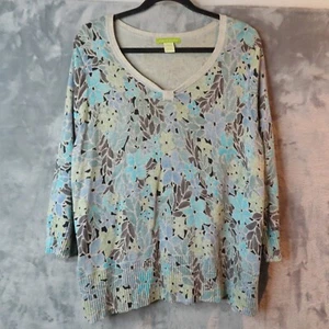 SIGRID OLSEN Sweater Womens 1X Extra Large Blue Gray Floral Silk Rayon Blend Y2K - Picture 1 of 7