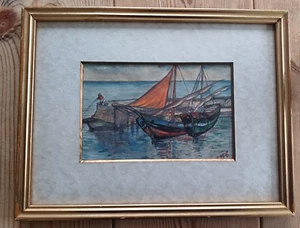South of France naive watercolour painting of boat and harbour. Dated 1958. - Picture 1 of 3