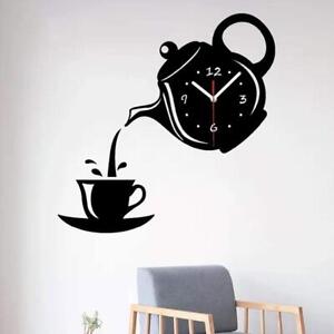 Acrylic Mirror Wall Clock DIY Fancy Teapot Wall Clock Silver Wall Sticker A3Z4