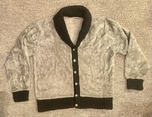 Vtg 60s Shawl Collar FLEECE Sweater Jacket GRAY BLACK sz Small campus kodiak - Picture 1 of 9