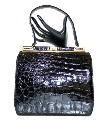 Bolsa satchel vintage anos 50-60 - BELLESTONE - Preta - JACARÉ - Meados do século - Imagem 1 de 4