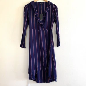 RAILS Womens Priya Striped Ruffle Wrap Midi Dress V-neck Long Sleeve Navy XS NWT - Picture 1 of 10