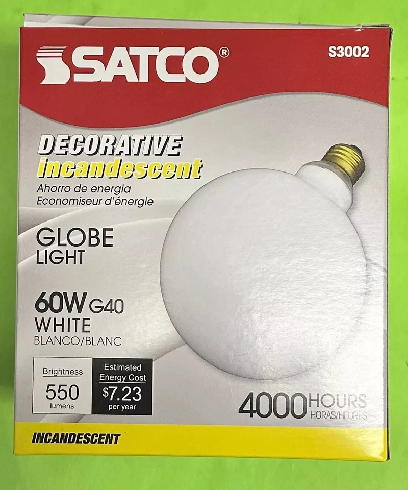 SATCO S3002 G40 60W  60 WATT WHITE GLOBE INCANDESCNT LIGHT BULB 5" DIAMETER - Image 1 of 1
