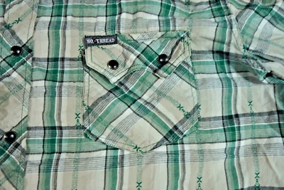 Southern Thread Men Western XL Shirt Green Plaid Pearl Snap Sawtooth Long Sleeve - Image 1 of 4