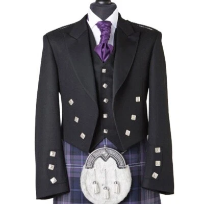 Black Prince Charlie Jacket With 5 Button Vest Scottish Kilt Jacket For Men - Image 1 of 4