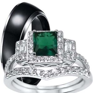 His and Her TRIO CZ Silver Wedding Engagement Couples Ring Set for Bride Groom - Picture 1 of 5