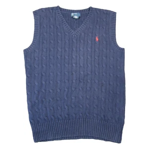 Polo Ralph Lauren Cable Knit Sweater Vest Boys L 14-16 Navy Preppy Red Pony 90s - Picture 1 of 6