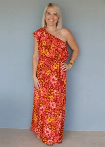EBBY & I Orange Yellow Floral Maxi DRESS Size 12 NWT NEW Pink 1-Shoulder Event - Picture 1 of 7