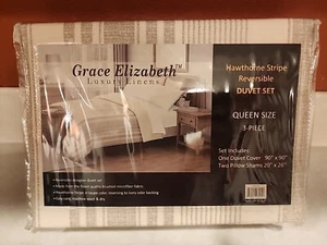 Grace Elizabeth Taupe Bettwäsche 3 Stück Hawthorne Streifen Bettwäscheset Queen  - Bild 1 von 3