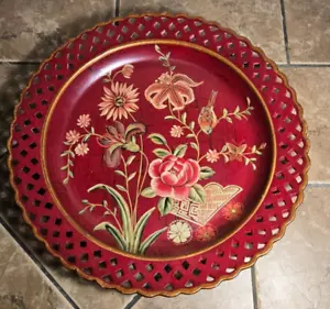 Large Decorate Large Metal Red Asian Themed Plate 17.5'' - Picture 1 of 6