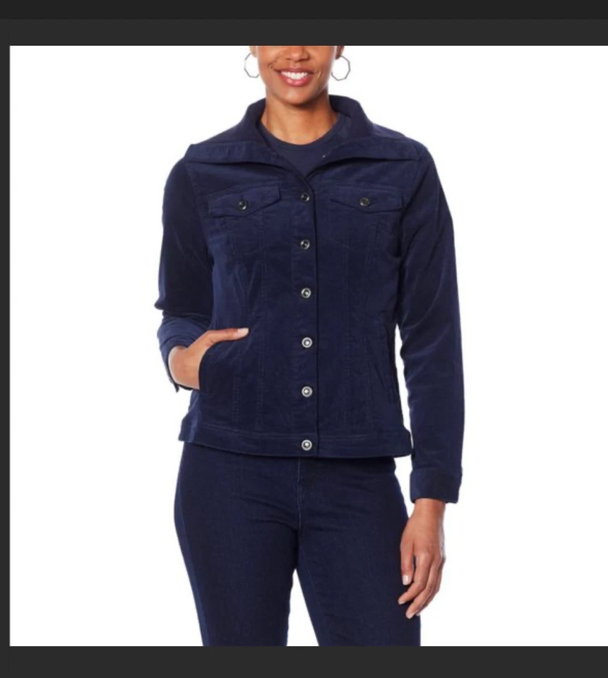 Chaqueta para mujer DG2 Diane Gilman elástica cuello acanalado botón delantero mediana azul marino Foto 1 de 1