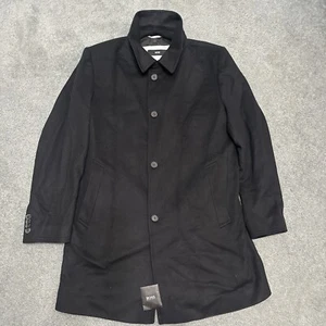 Hugo Boss Long OverCoat Mens Black Wool Cashmere Coat Button Up Trench Sz 44R XL - Picture 1 of 14