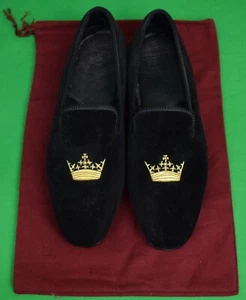 Paul Stuart x Grenson schwarzer Samt mit vergoldeten Krönchen englische Hausschuhe Gr. 11 (neu) - Bild 1 von 8