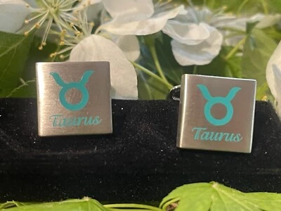 Cuff-Daddy Cufflinks TAURUS Zodiac Sign  Green Lettering on Brushed Silver Tone - Image 1 of 4