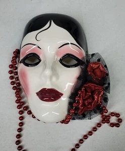 Vtg Ceramic Mask Wall Hanging Fancy Faces New Orleans Mardi Gras Beads Bows 1995 - Picture 1 of 8