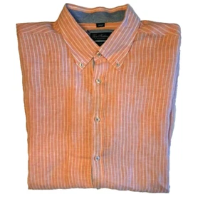 Tom Rusborg - Copenhagen Orange Striped Linen Short Sleeve Shirt Men’s Size L/XL - Picture 1 of 2