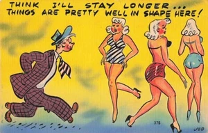 Postkarte Comic Riskanter Mann Denke Ich bleibe länger Frauen Badeanzüge in Form - Bild 1 von 2