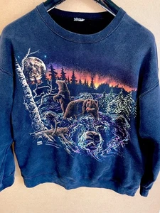 vintage 1993 STAND OUT DESIGNS SWEATSHIRT BEARS FISHING Sz L NATURE 90s Black - Picture 1 of 4