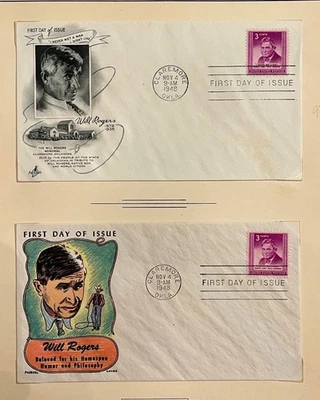 Estampilla conmemorativa de Will Rogers 1948 3c #975 cubiertas de primer día (2)- Fluegel y artesanía artística Foto 1 de 3