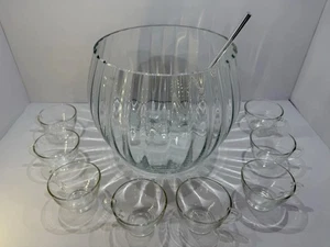 Krosno Poland Optic Crystal Punch Bowl with Matching Ladle + 8 Glass Punch Cups - Picture 1 of 6