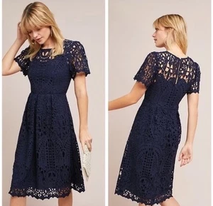 Anthropologie Eri + Ali Navy Blue Eyelet Priscilla Lace A-Line Dress XS New J19 - Bild 1 von 13