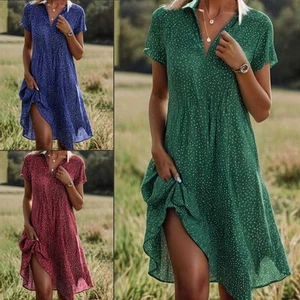 Women's V-Neck Polka Dot Garden Dress – Summer Casual Sundress S-XXL - Picture 1 of 6