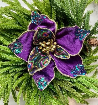 Mark Roberts Purple Sequin Embellished Peacock Poinsettia Clip On Ornament 8”