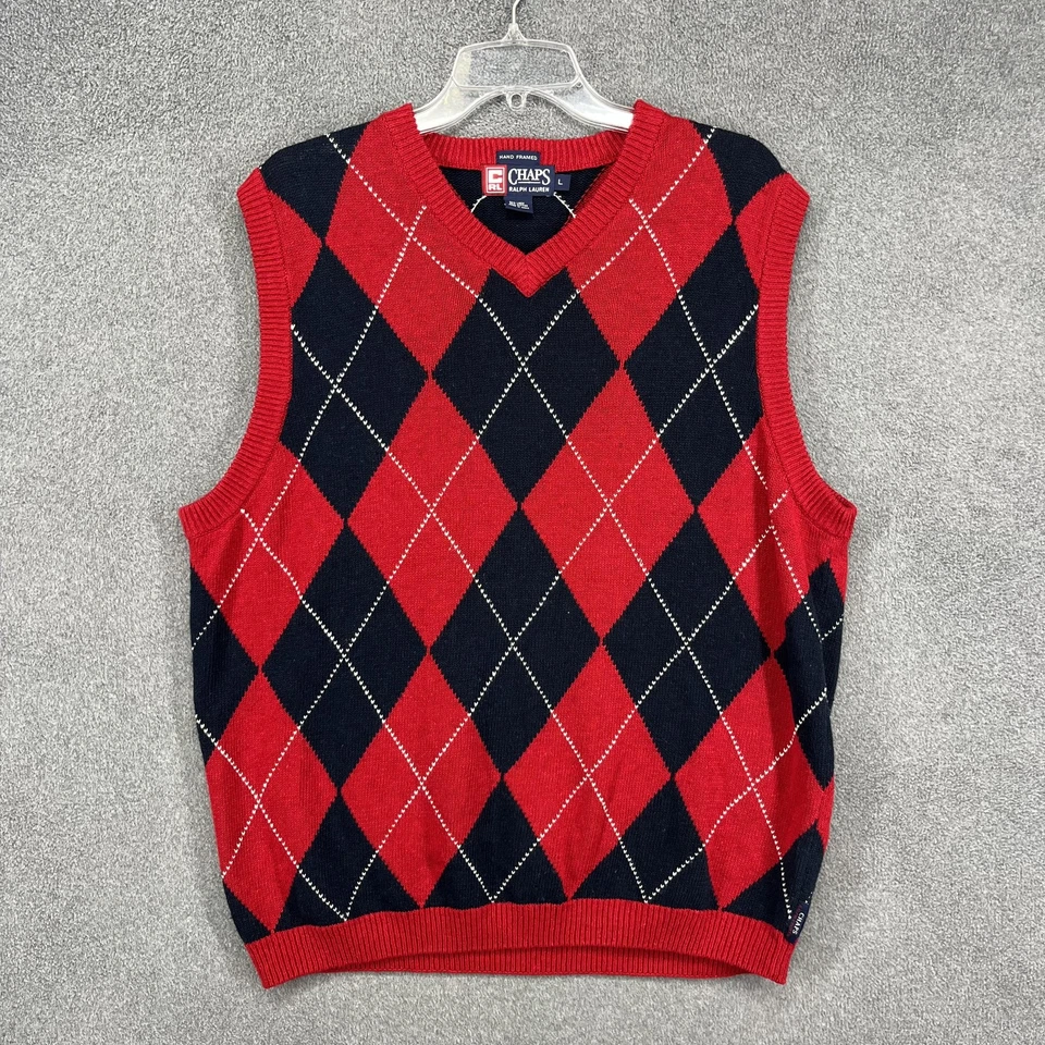 Chaps Ralph Lauren Sweater Vest Mens Large Red Preppy Argyle Knit Linen Cotton - Image 1 of 4