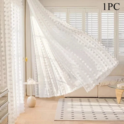 Rod White Pom Pocket 1PCS Curtain Sheer Voile Embroidered Pom Drapes Window - Image 1 of 4