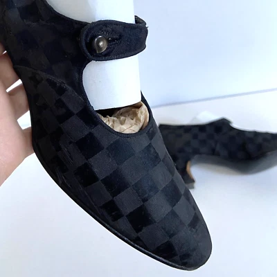 Tacones antiguos a cuadros de seda baquelita aleta luto eduardianos años 1910 1920 Foto 1 de 4