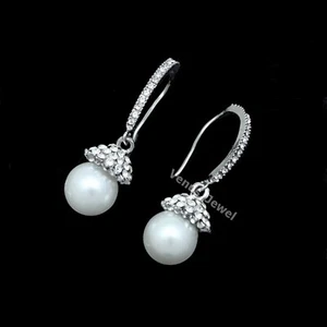 Half Hoop Dangle Pearl Rhinestone Crystals Earrings VE537 - Picture 1 of 2