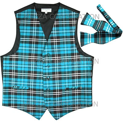 New Men's plaids checks Tuxedo Vest Waistcoat_Self Tie Bowtie Turquoise Blue - Image 1 of 4