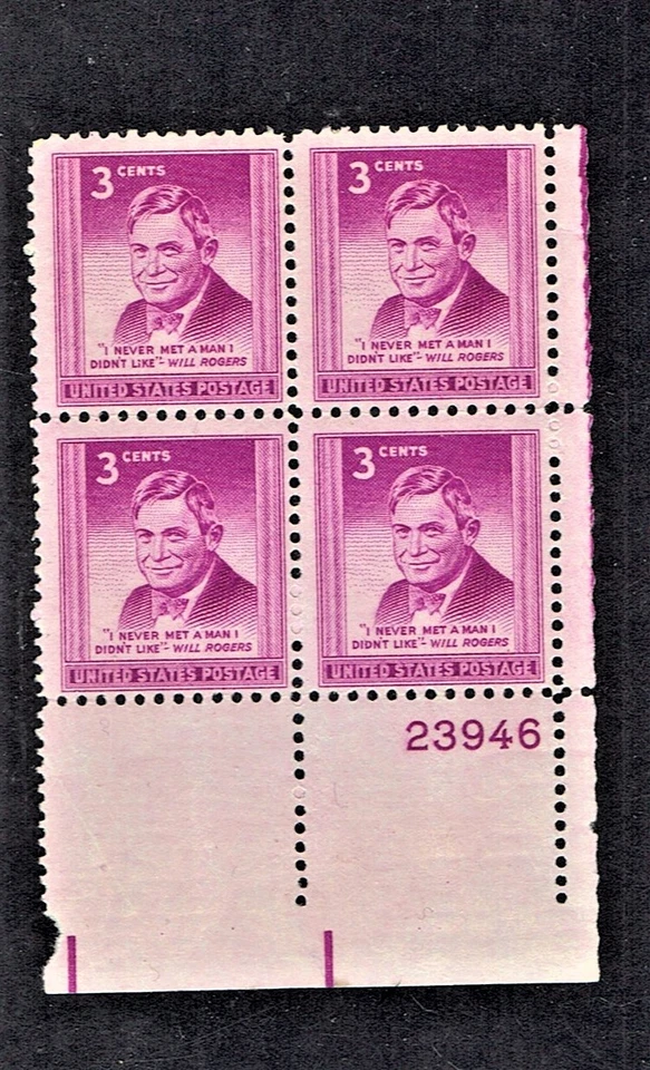 1948 U.S. Commem 3c Will Rogers  Plt#Blk Sc#975 M/NH/OG Pristine^ - Image 1 of 1