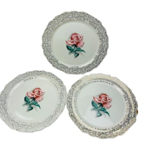 Vintage Jubilee 22K Gold Warranted Pink Rose Set of 3 Dinner Plates - Picture 1 of 11