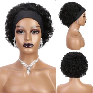 Short Black Headband Wig Human Hair Water Wave Wigs For Black Woman Machine Made - Picture 1 of 12
