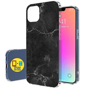 Slim Case for Apple iPhone 14, Blk White Marble 3 Print, Glass Screen Incl, US - Picture 1 of 8