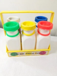 Vintage Fisher Price Milk Bottles Carrier Caddy Lids 637 Play Food Chocolate - Picture 1 of 14