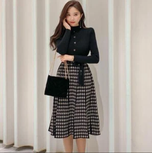 Vestido de punto acampanado con pata de gallo manga larga cuello falso de moda para mujer JWK - Imagen 1 de 8