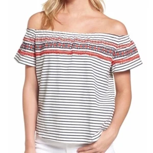 THML Womens Mirah Off The Shoulder Embroidered Knit Top Size L Striped - Picture 1 of 7