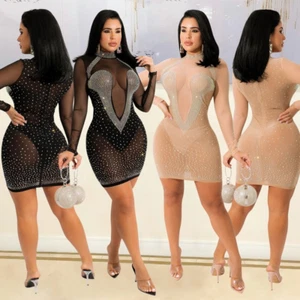 Abito donna in rete con paillettes - body collo alto sera festa manica lunga clubwear - Foto 1 di 14