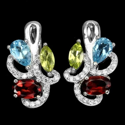 Orecchini in Argento Sterling 925 Ovali Mozambico Peridoto Topazio Gemma... - Immagine 1 di 4