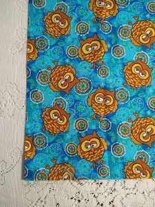 REMNANT Fun Owls Fabric Blue Green 14x44 Cotton Quilt Brown Owl - Picture 1 of 3