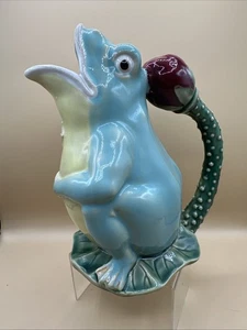 Vtg Ceramic Frog on Lily Pad Pitcher Jug Vase with Flower Handle 9" - Picture 1 of 10