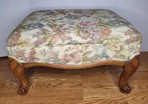 Vintage Embroidered Floral Fabric Large Wood Footstool Ottoman 21"×16"×12"  - Picture 1 of 24