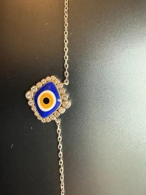Berloque de proteção folheado a ouro 14K colar Evil Eye Nazar vidro azul CZ halo - Imagem 1 de 4