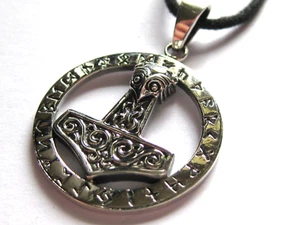 Thors Hammer 925'er Silber im Runenring Stoffband Anhänger Ø 2,7cm / x060 - Imagen 1 de 10