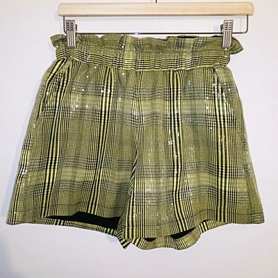 Fun&Fun Womens Shorts Green Size EU 38 UK 10 Sequin Check Paperbag Disco Grunge - Image 1 of 4