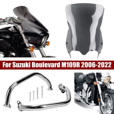 Barras de choque protectoras de motor cromadas para Suzuki Boulevard M109R + parabrisas de humo de 22" Foto 1 de 4